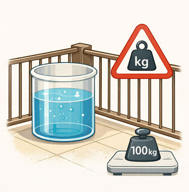 Grafik: Wassertank auf dem Balkon mit Warnschild und 100-kg-Gewicht als Hinweis auf die Traglast