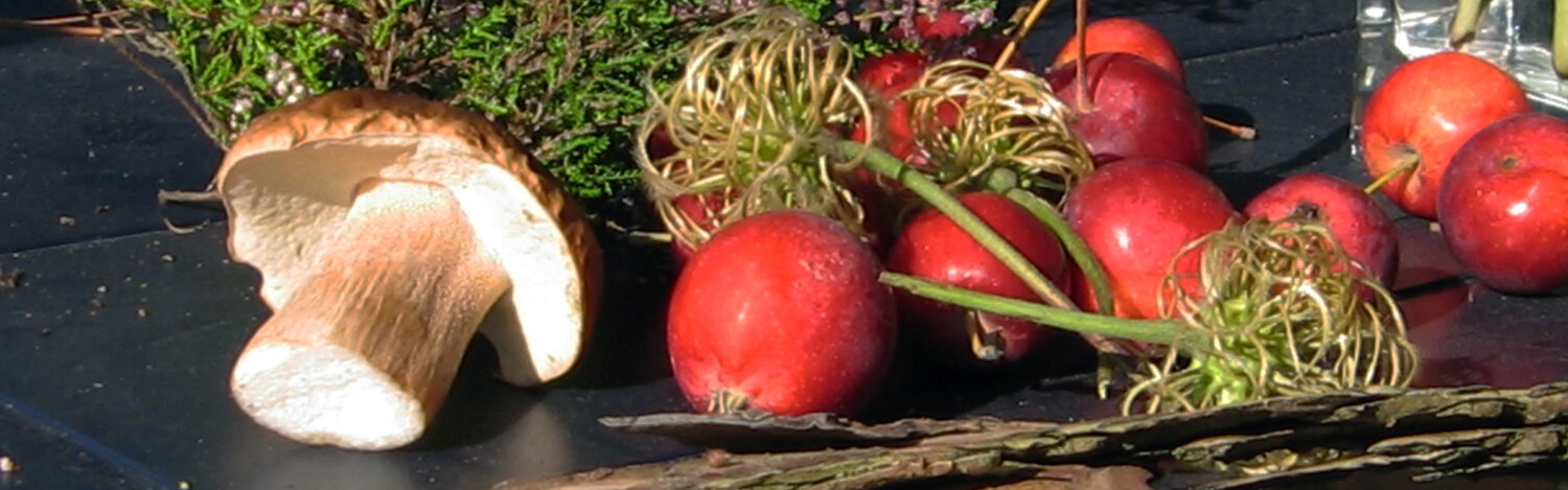 Typische Herbstdeko auf einem Tisch: Äpfel, ein Pilz, Heide