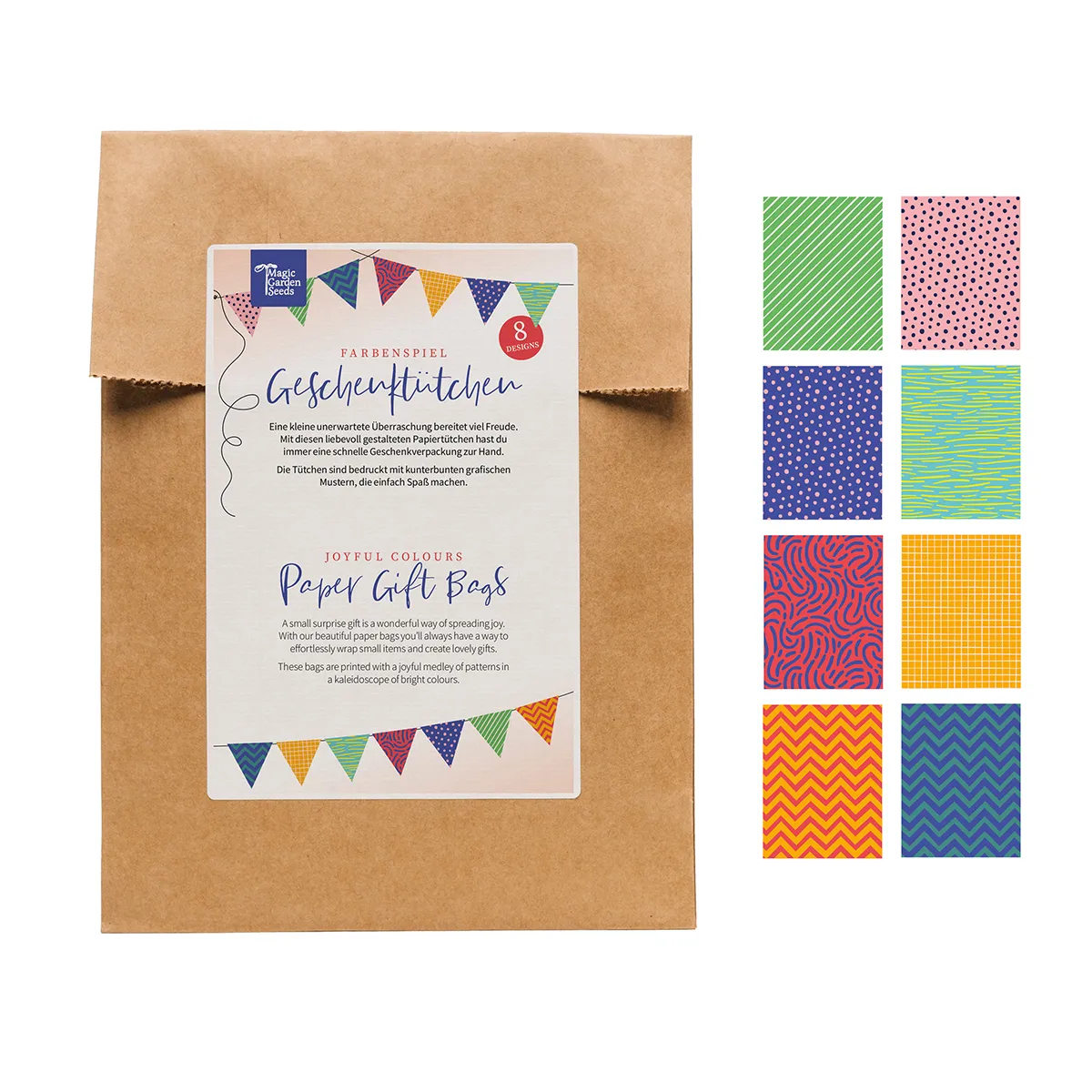 Geschenktütchen - Farbenspiel - 40 bunte Papiertütchen / Flachbeutel mit 8 verschiedenen Designs