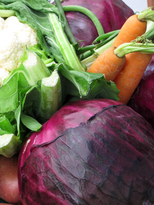 Frisch geerntetes Gemüse: Rotkohl, Blumenkohl, Möhren und grüne Bohnen
