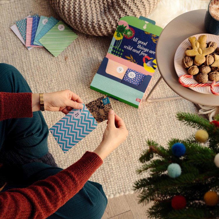Person öffnet ein Samentütchen aus dem Saatgut-Adventskalender, daneben Plätzchen und ein Tannenbaum