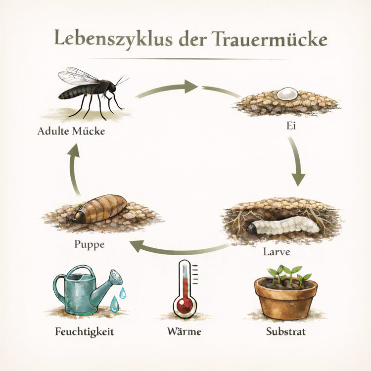 Uebersichtsgrafik des Trauermuecken-Lebenszykluses